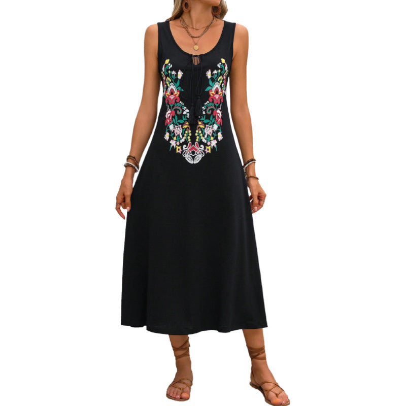 Sleeveless A-Line Midi Dress with Floral Embroidery