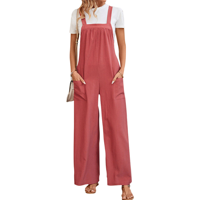 Solid Color Loose Wide-Leg Overalls with Pockets