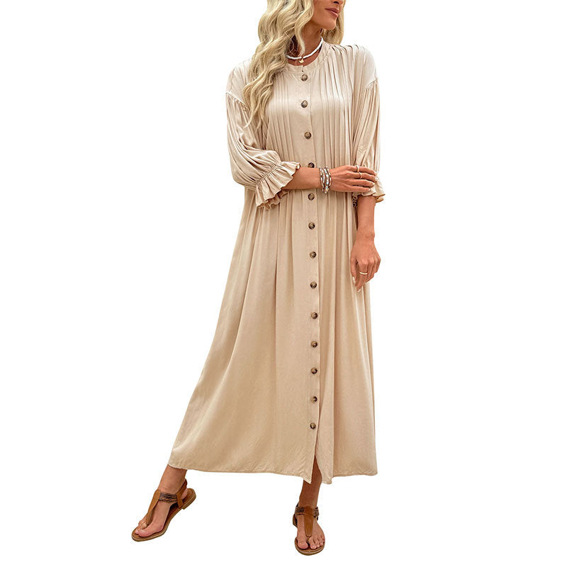 Flowy Maxi Dress with Pleated Front and Button Placket