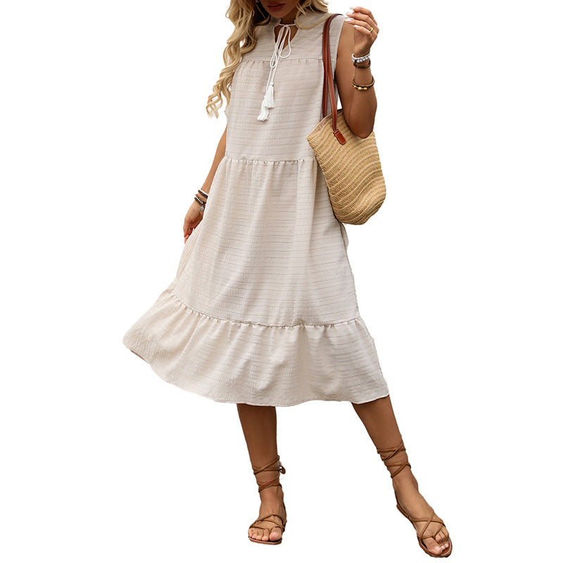 A-Line Tiered Midi Dress with V-Neck and Tassels