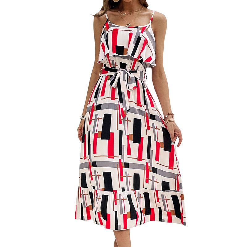 Geometric Print Midi Dress with Ruffled Bodice and Tie-Waist