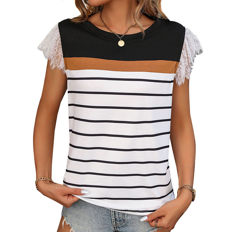 Striped Color Block T-Shirt with Lace Cap Sleeves