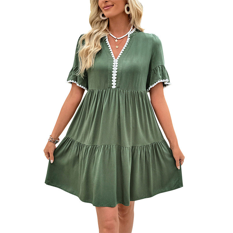 Solid Tiered Dress with V-Neck and Lace Trim