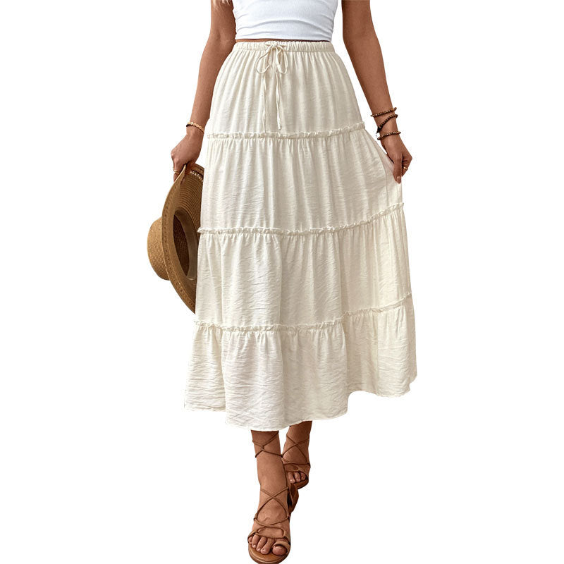 Solid Tiered Midi Skirt with Drawstring Waist
