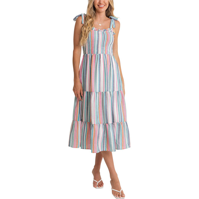 Colorful Striped Tiered Midi Dress with Smocked Top and Tie Straps