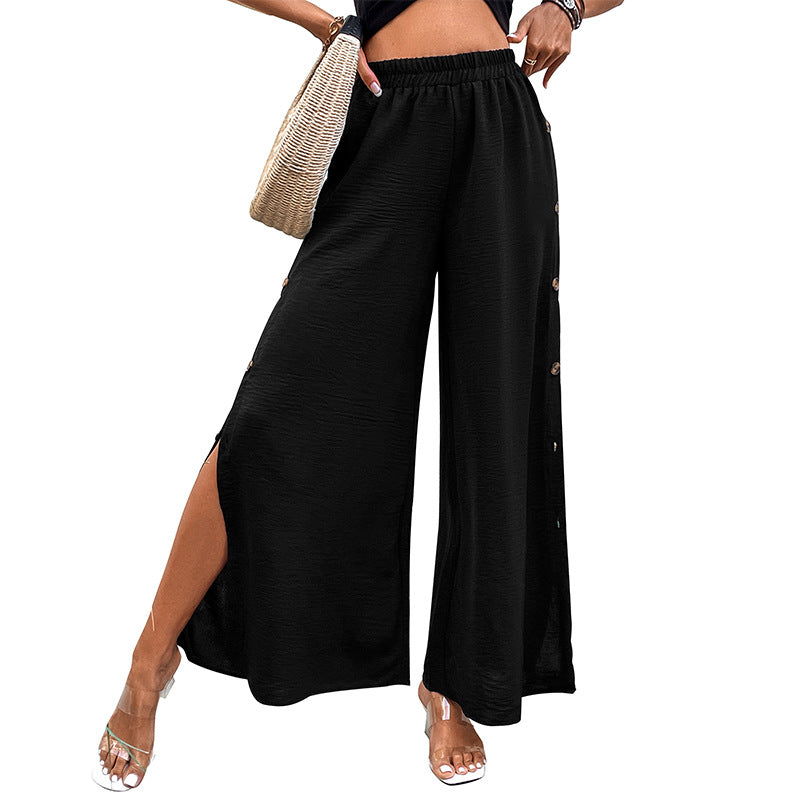 High-Waisted Wide-Leg Pants with Side Button Slits