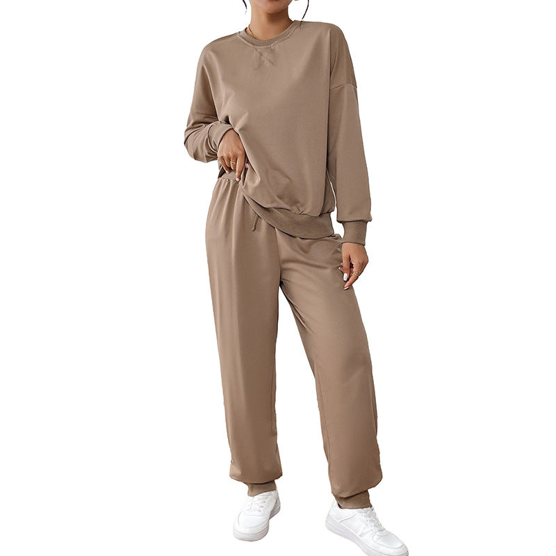 Solid Color Sweatshirt Set with Loose Fit and Drawstring Pants