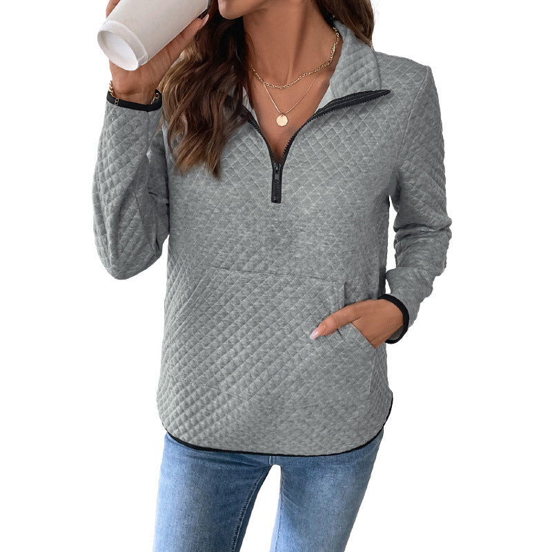 Diamond Quilted Pullover with Half-Zip and Kangaroo Pocket