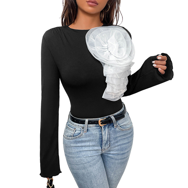 Ribbed Bodysuit with 3D Floral Applique and Bell Sleeves