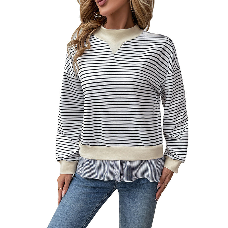 Striped Faux Layered Sweatshirt with Mock Neck