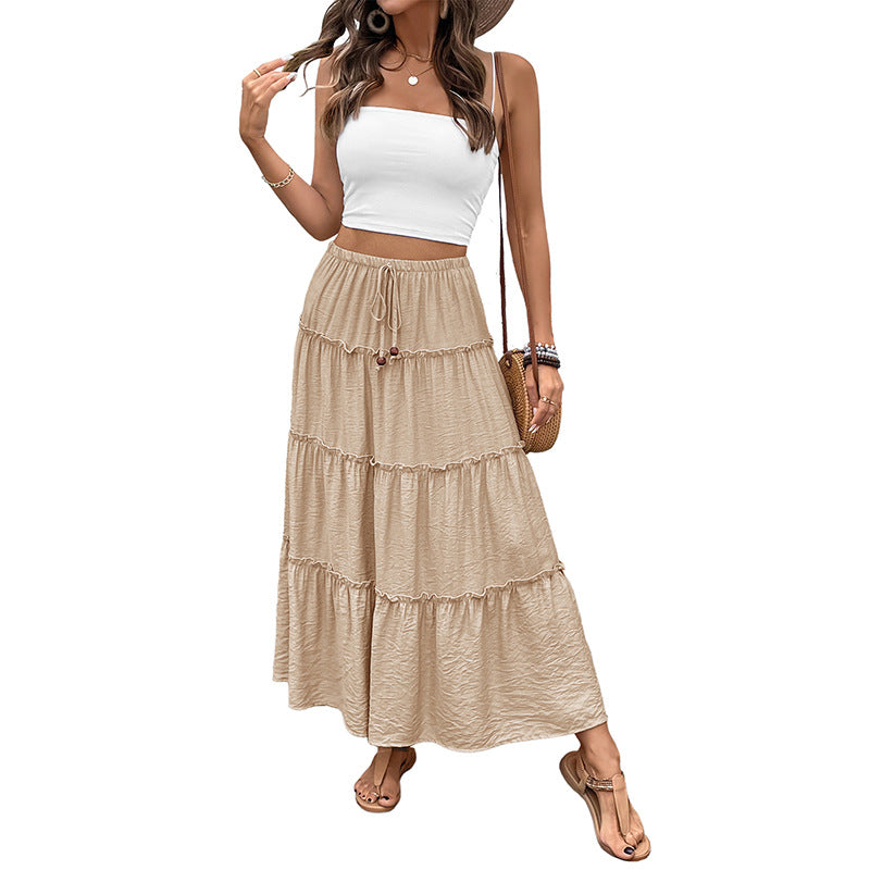 High-Waist Tiered Midi Skirt with Ruffled Tiers