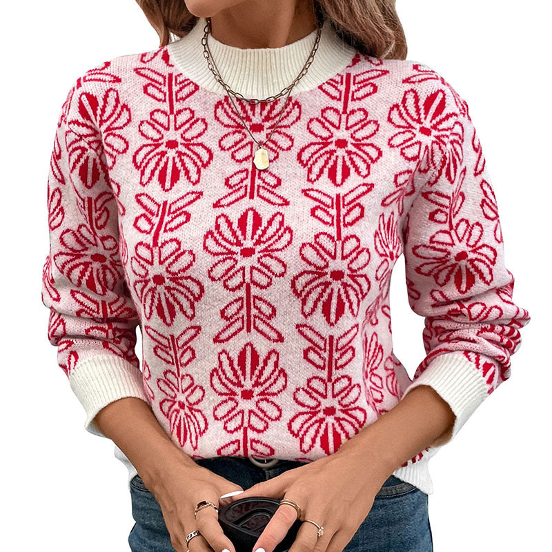 Loose Floral Jacquard Knit Pullover with Half-Turtleneck