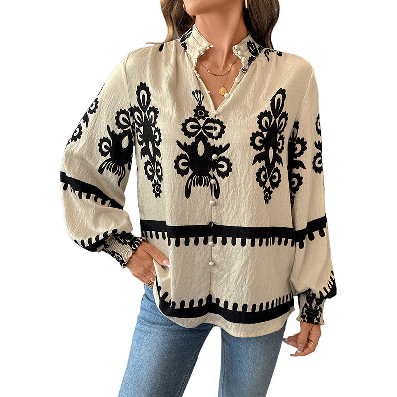 Ethnic Printed Blouse with Stand Collar and Lantern Sleeves