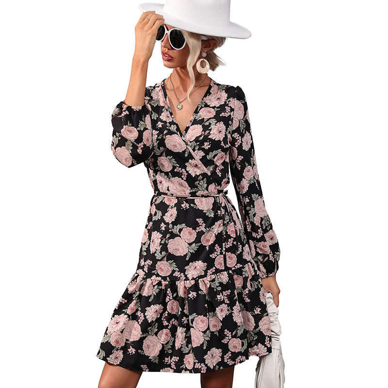Floral Print Wrap Dress with Lantern Sleeves and Ruffles
