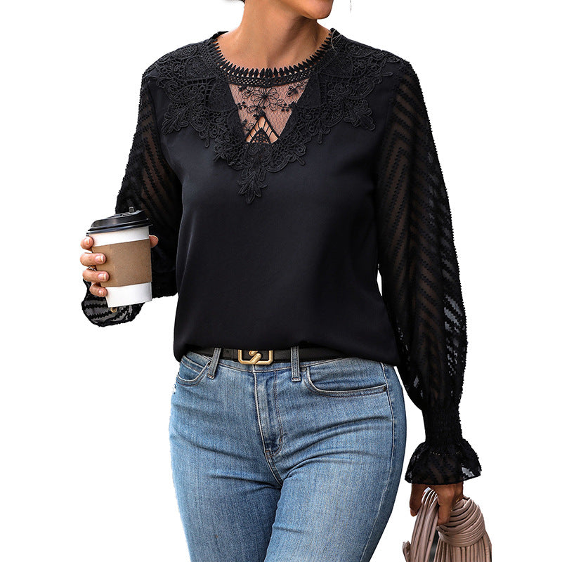 Solid Blouse with Lace V-Neck and Sheer Chevron Sleeves