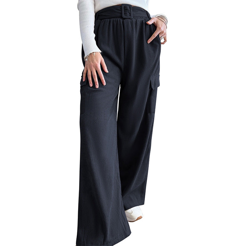 High-Waist Corduroy Wide-Leg Cargo Pants with Belt