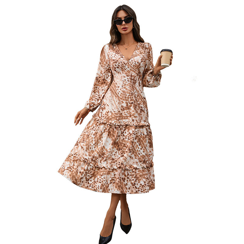 Animal Print Midi Dress with V-Neck and Ruffled Hem