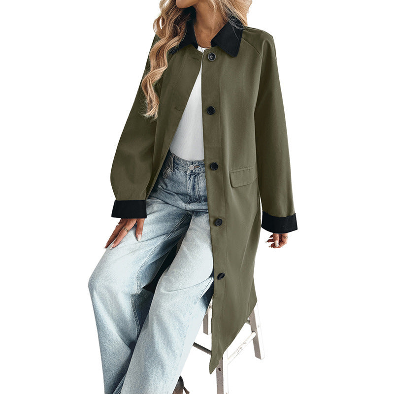 Longline Single-Breasted Coat with Contrast Collar & Cuffs