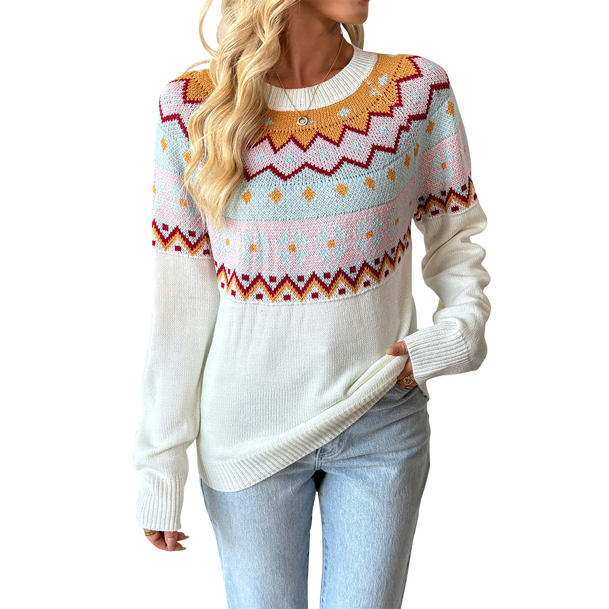 Fair Isle Loose Knit Sweater with Round Neck