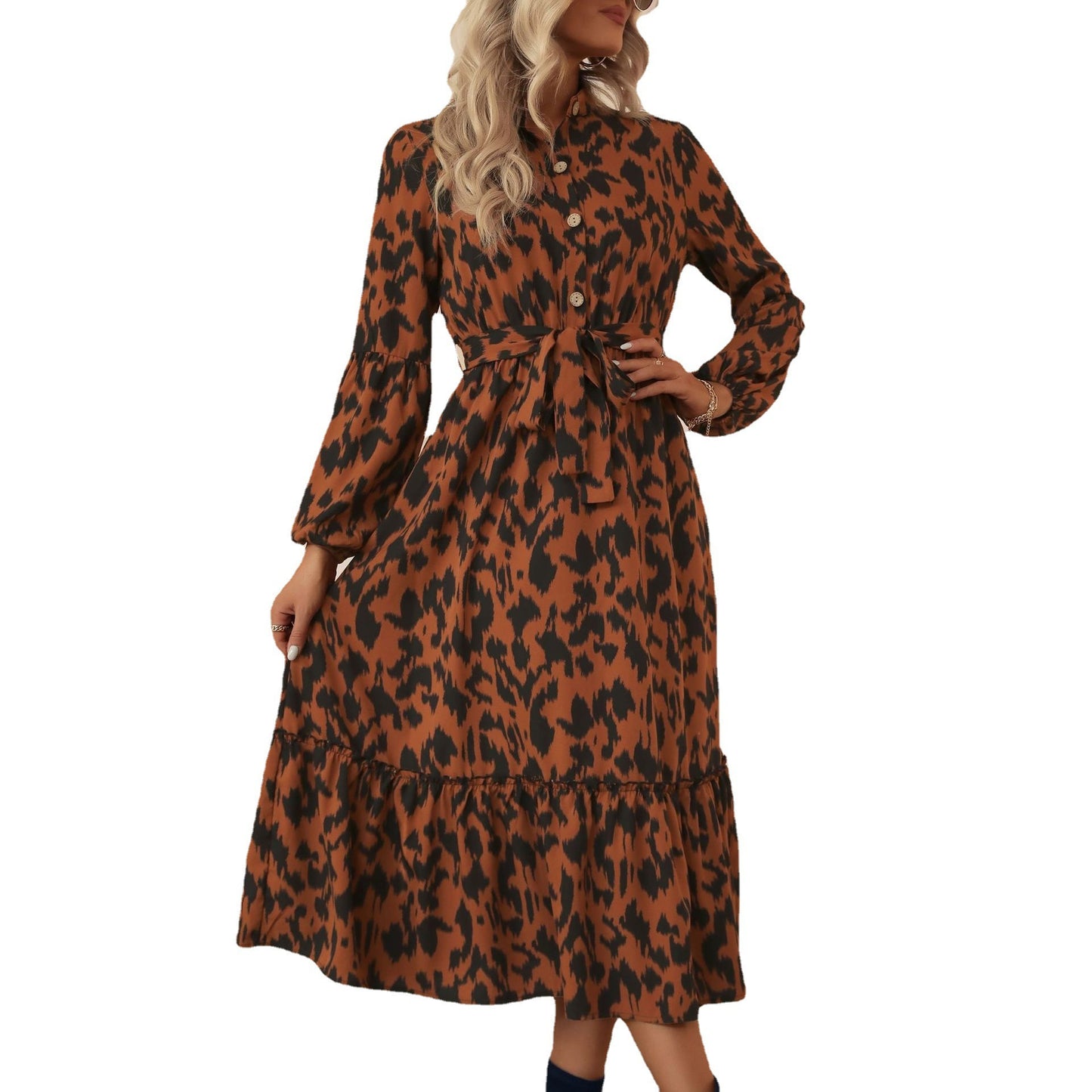 Animal Print A-Line Midi Dress with Button Front and Tie-Waist