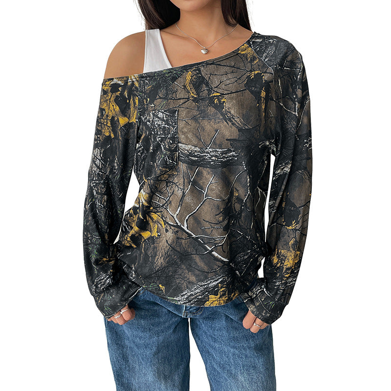 Loose Camouflage Long Sleeve Top with Off-Shoulder Design