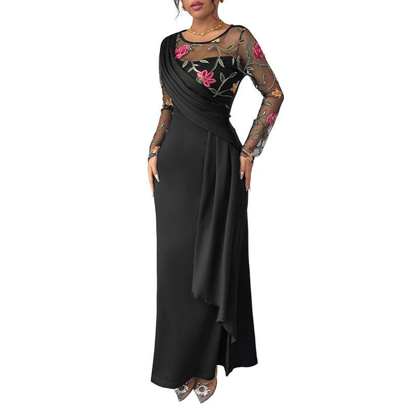 Maxi Dress with Floral Embroidered Sheer Sleeves and Asymmetrical Drape
