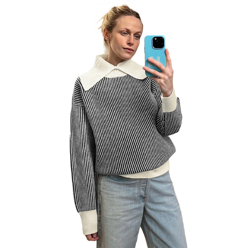 Striped Knit Pullover with Oversized Collar