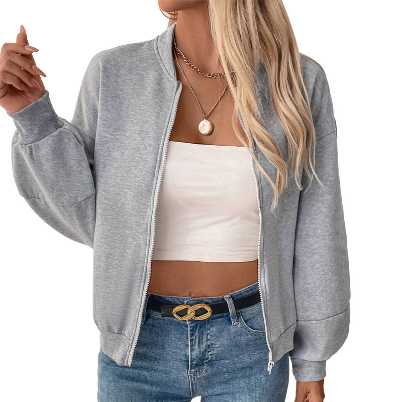 Solid Color Bomber Jacket with Fleece Lining and Lantern Sleeves