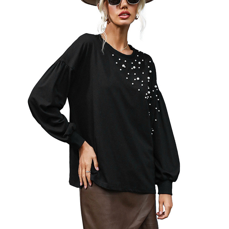 Loose Crewneck Knit Pullover with Pearl Embellishment and Puff Sleeves