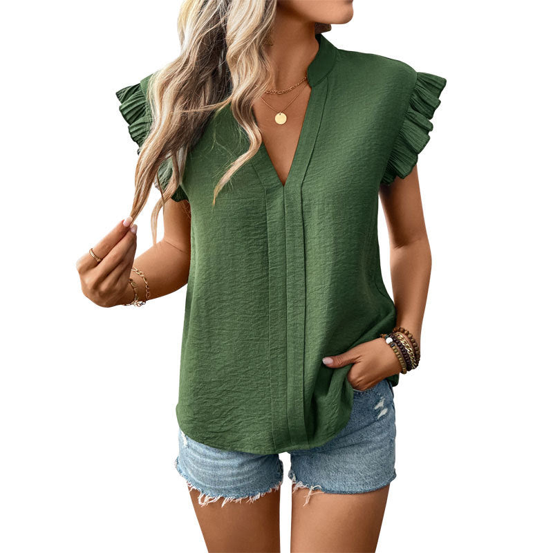 Solid Blouse with V-Neck, Flutter Sleeves, and Pleats