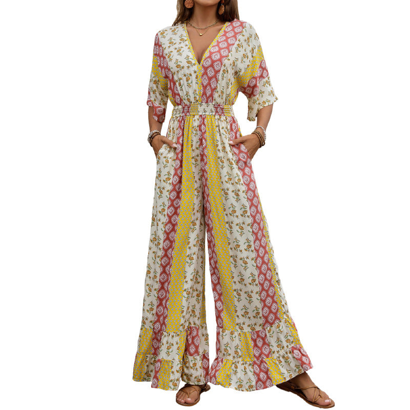 Retro Floral & Striped Wide-Leg Jumpsuit with V-Neck