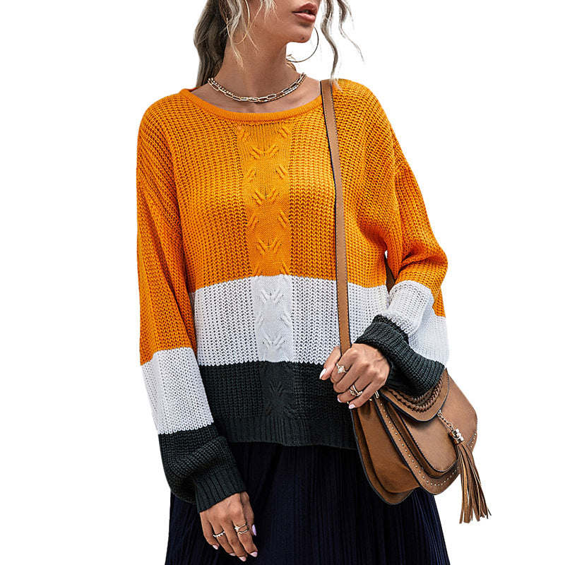 Loose Fit Color-Block Knit Sweater with Crewneck