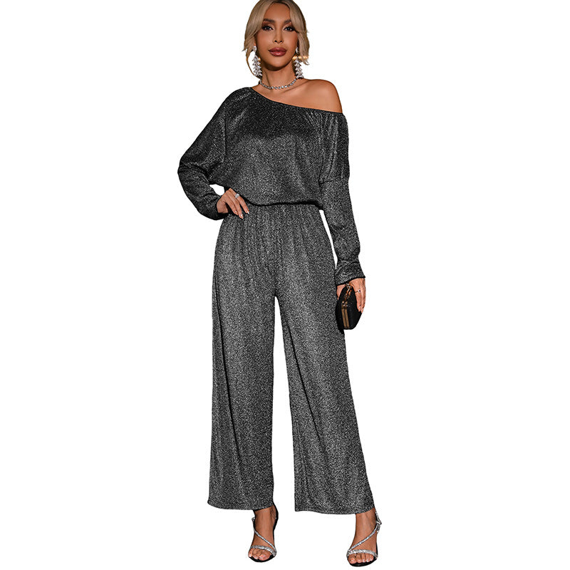 Silver Metallic Jumpsuit with One-Shoulder and Wide-Leg