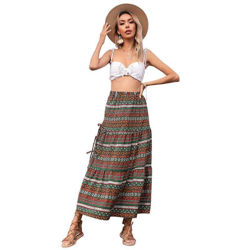 Ethnic Print Tiered Maxi Skirt with Tie-Side Slit