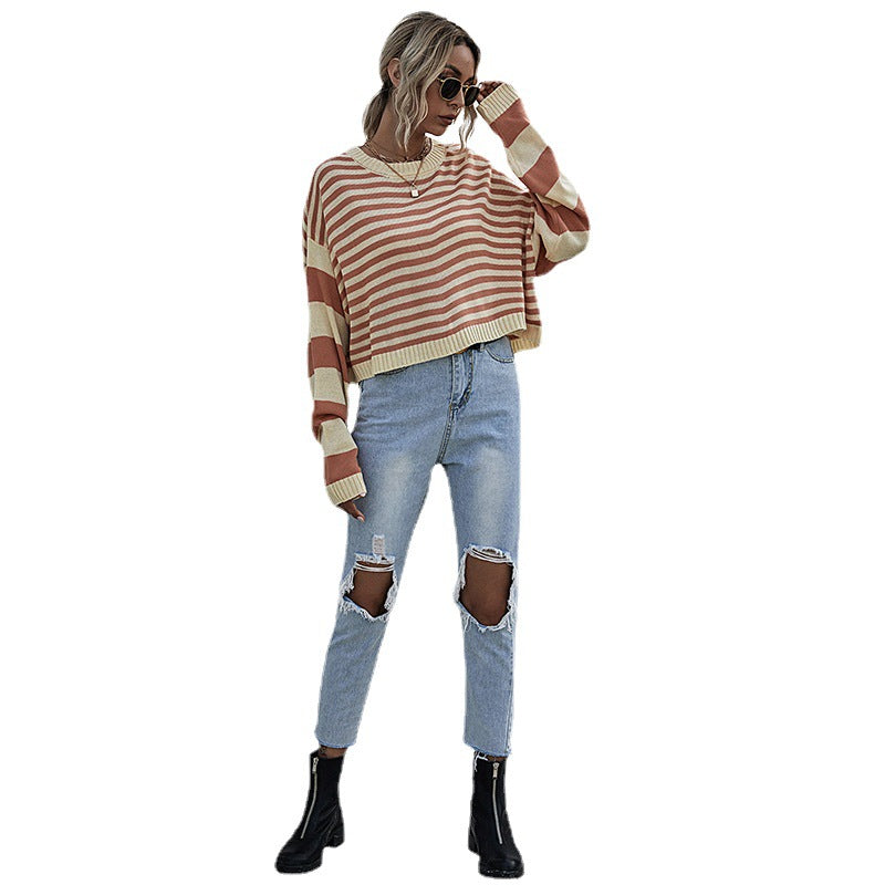 Striped Sweater with Cropped Length and Batwing Sleeves