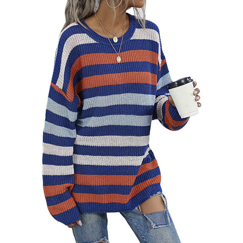 Oversized Striped Knitted Sweater with Crewneck
