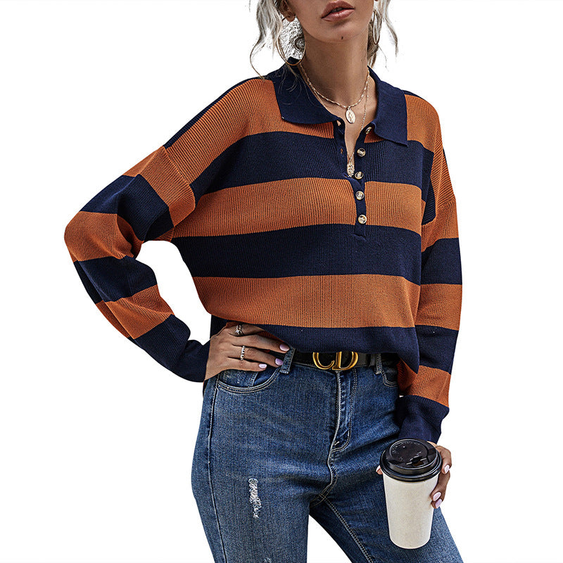 Oversized Striped Knit Sweater with Polo Collar
