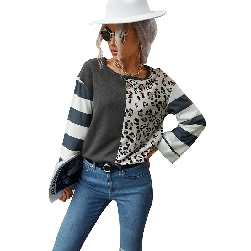 Loose Fit Patchwork Knit Top with Leopard Print and Striped Sleeves
