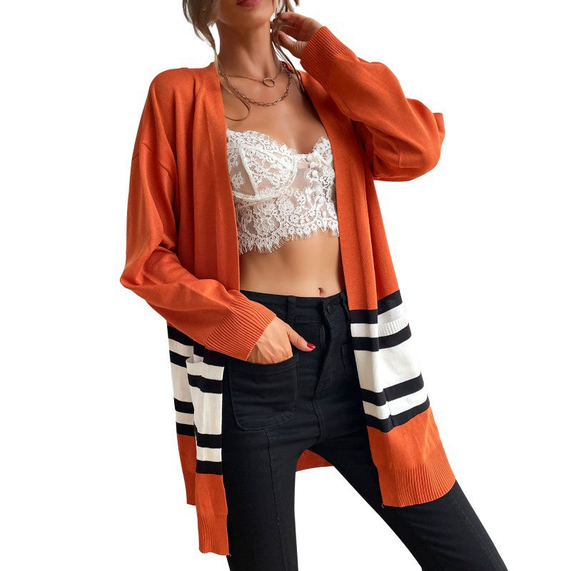 Color-Blocked Long Open Front Cardigan with Striped Hem