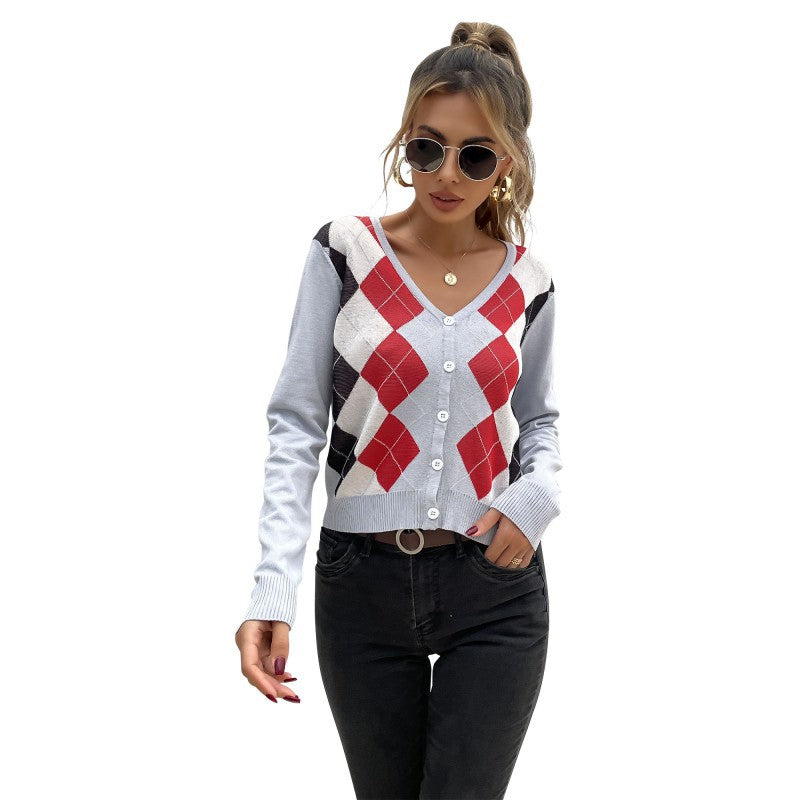 Argyle Cropped Cardigan with V-Neck and Button Front