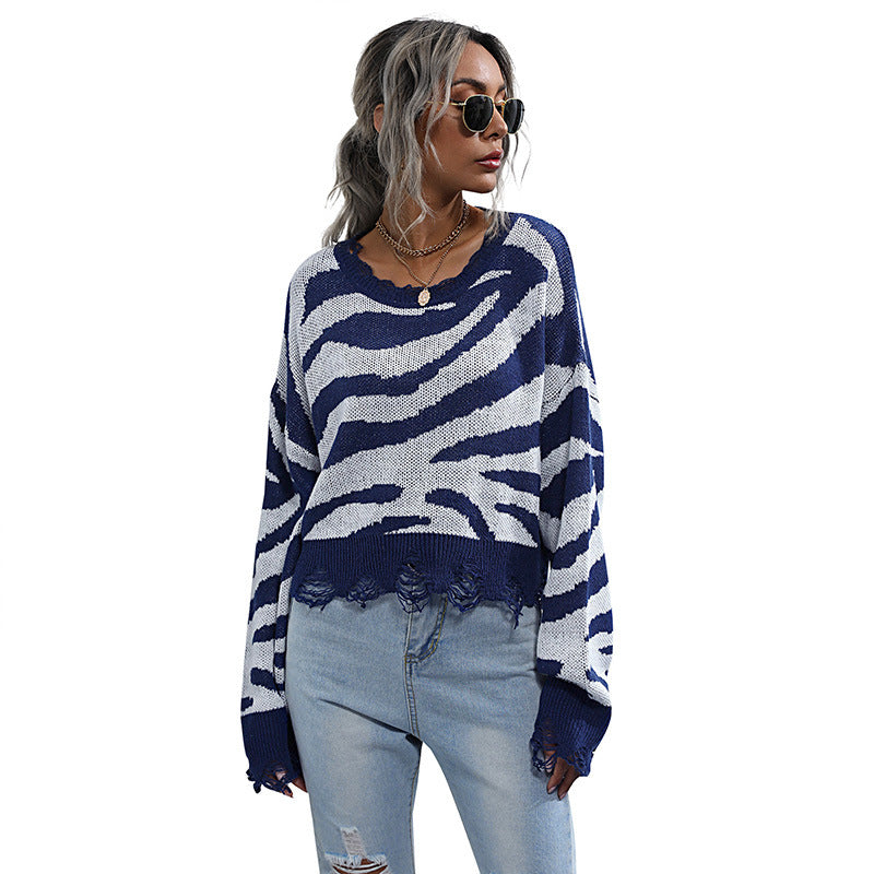 Zebra Print Cropped Knit Sweater with Distressed Hem