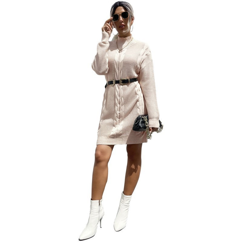 Loose Cable Knit Mini Sweater Dress with Mock Neck