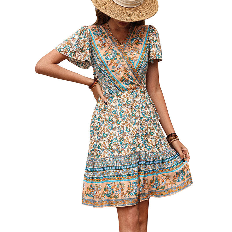 Ethnic Floral Print Wrap Dress with V-Neck