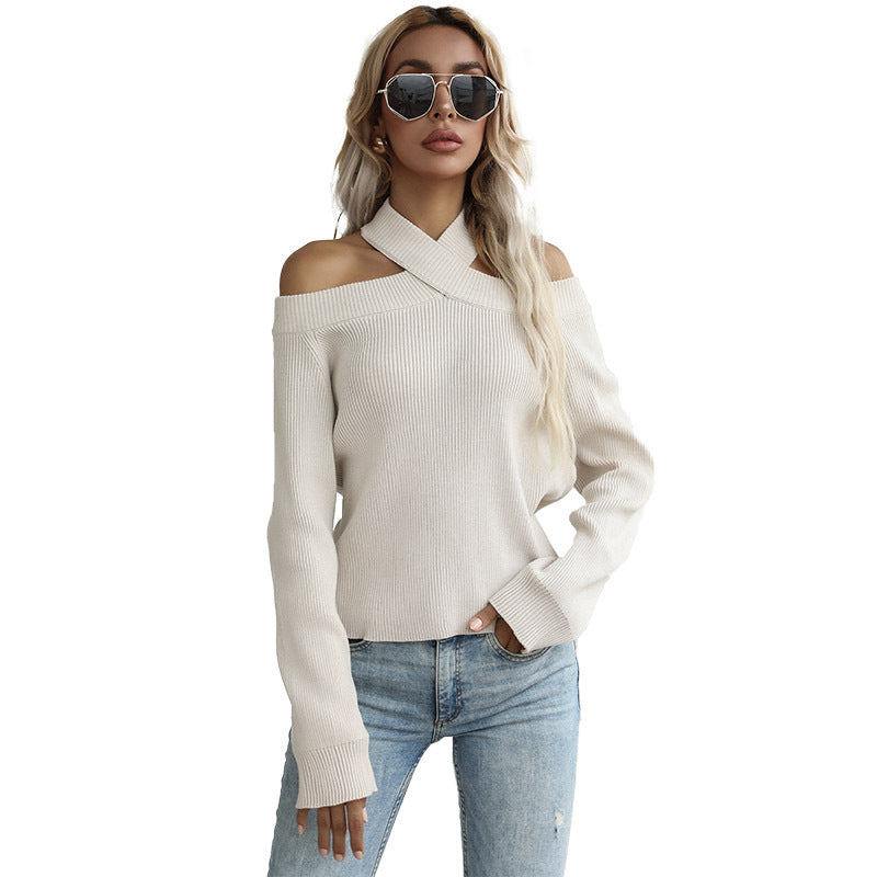 Solid Ribbed Knit Pullover with Criss-Cross Off-Shoulder