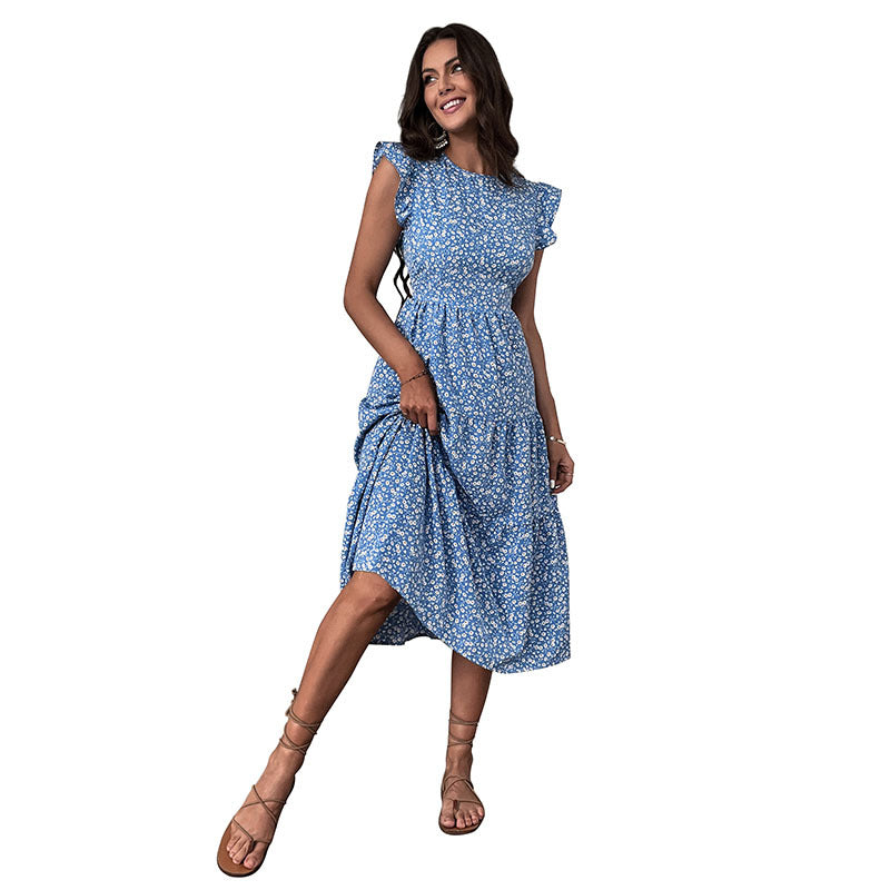 Floral A-Line Midi Dress with Feifei Sleeves and High Waist