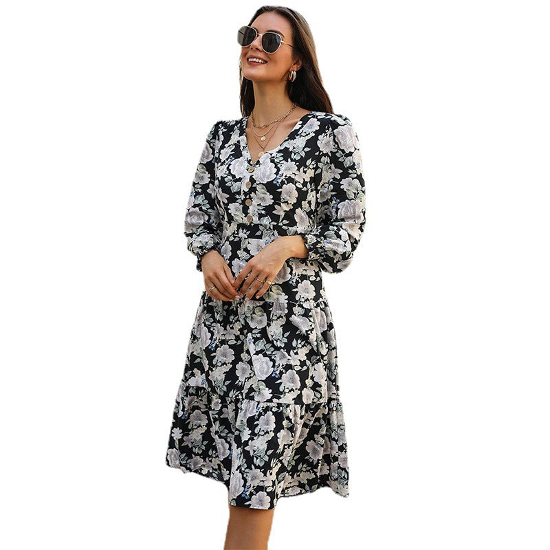 Floral Print A-Line Dress with V-Neck and Long Sleeves