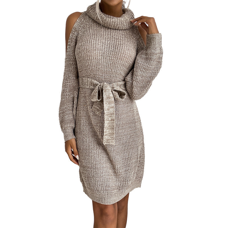 Solid Knit Sweater Dress with Cold Shoulder and Tie Belt