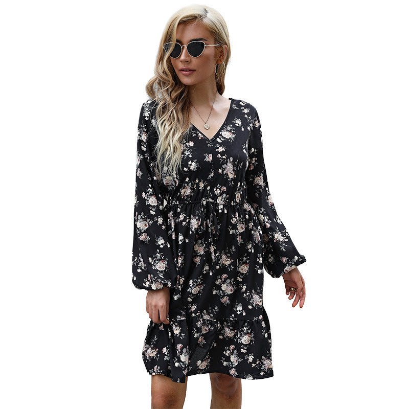 Black Floral Print A-Line Dress with V-Neck and Tie Waist