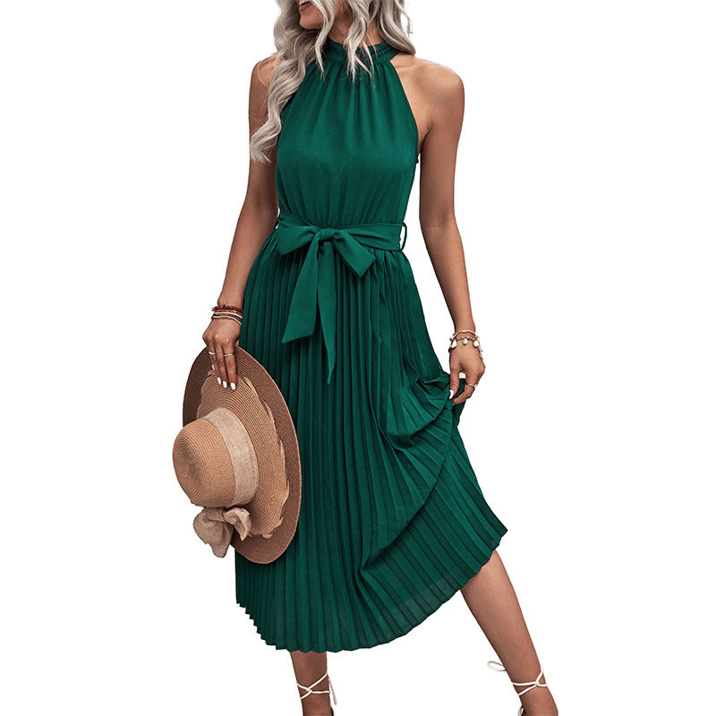Halter Midi Dress with Pleated Skirt and Tie-Waist