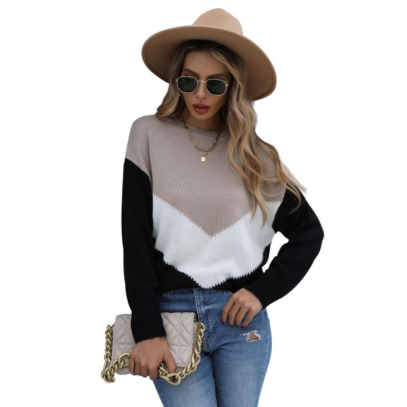 V-Shape Color Block Pullover Sweater with Semi-High Collar